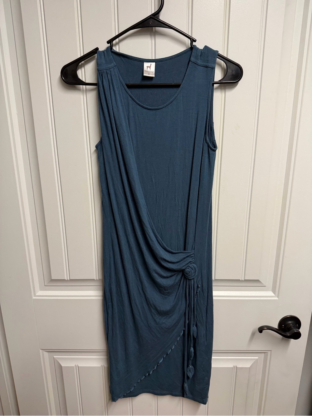 Peruvian Connection Blue Ruched Faux Wrap sleeveless dress, Size S.